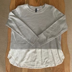 Gray sweater with linen shirt peeking out